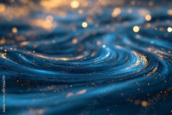 Fototapeta Abstract waves of blue with glowing particles creating a serene effect.