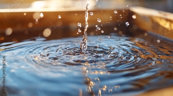 Fototapeta Water droplets creating ripples in a tranquil surface.
