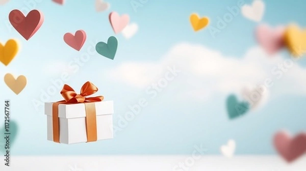 Fototapeta A floating gift box surrounded by colorful hearts in a dreamy setting.