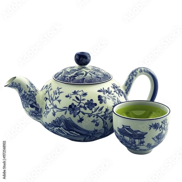 Fototapeta  Serene Tea Set: A porcelain tea set, with blue floral motif, offers a glimpse into a tranquil afternoon tea ritual. Featuring a tea pot and cup filled with fragrant green tea.  