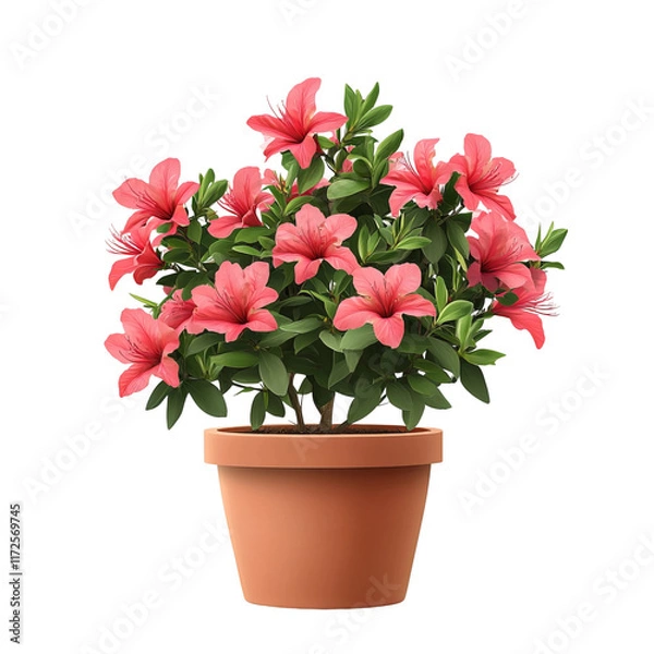 Fototapeta Azalea Blooming in a Terracotta Pot: A vibrant azalea bush bursts forth with radiant blossoms, its rich pink petals set against a backdrop of verdant green foliage.