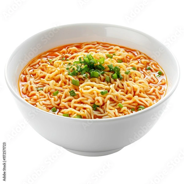 Fototapeta Spicy Ramen Noodles: A bowl of delicious spicy ramen noodles, garnished with fresh green onions. The rich broth and perfectly cooked noodles are visually appealing and ready to be enjoyed.