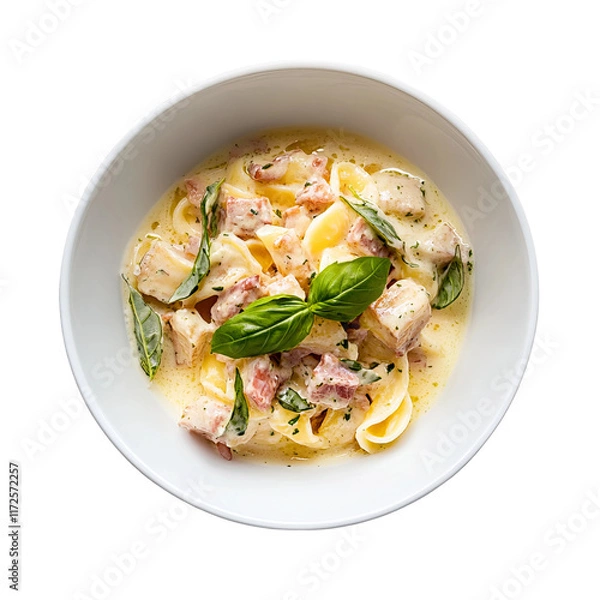 Fototapeta Creamy Pasta Delight: A top-down shot of a gourmet pasta dish in a elegant bowl, featuring tender pieces of protein, fresh herbs, and a creamy sauce, a culinary masterpiece.