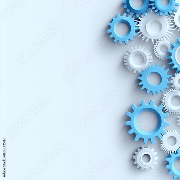 Fototapeta A collection of blue and white gears arranged on a light background.