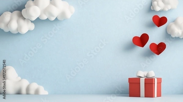 Fototapeta A festive scene with a gift box and floating hearts in a blue backdrop.
