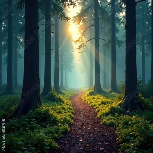 Fototapeta Winding path through dense forest with tall trees and misty fog rolling down the ground, woodland twilight, solitary trekking