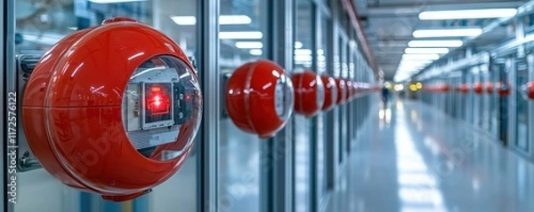 Fototapeta Illustration of fire alarm sensors displaying signals in a modern corridor