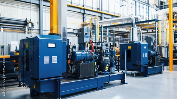 Fototapeta A large industrial air compressor system operating in a modern manufacturing facility, showcasing powerful equipment in a factory production setting.



