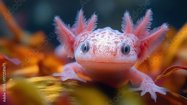 Fototapeta Close-Up of an Axolotl Showcasing Its Feathery External Gills