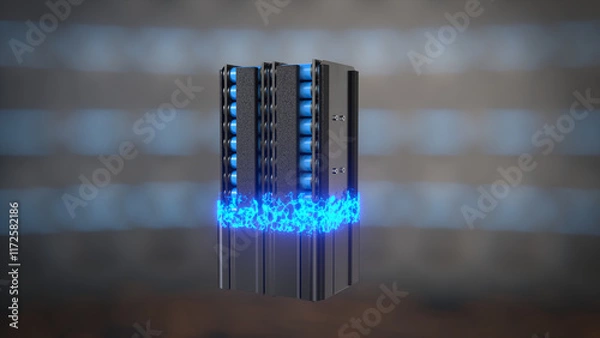 Obraz Assembling of e-bike Electric Battery - case is covering the assembly of cells. With futuristic eclectic glow effect. 3D Render