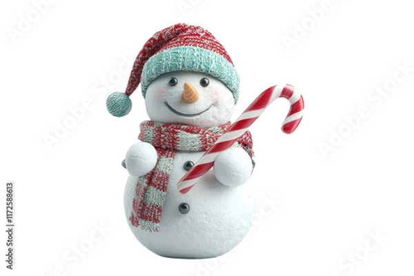 Fototapeta A cheerful snowman adorned with a colorful hat and scarf, holding a striped candy cane.