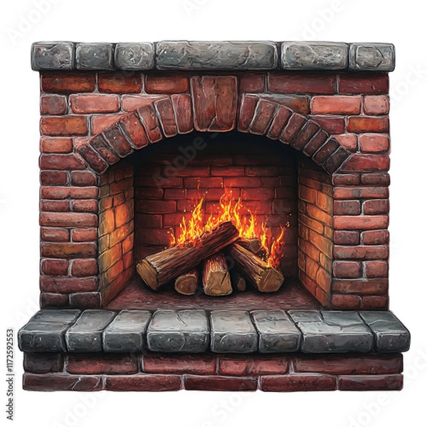 Fototapeta Cozy Fireplace with Burning Fire: A warm and inviting fireplace, with a roaring fire, crafted from red bricks, perfect for a chilly evening, creating a sense of comfort.