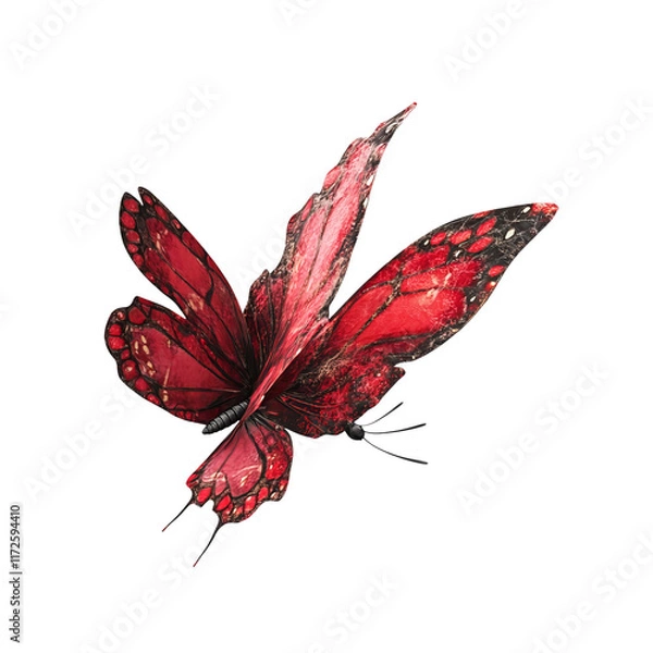 Fototapeta Red Butterfly in Flight:  A vibrant red butterfly with intricate markings, wings spread wide, is captured in mid-flight, evoking a sense of grace and freedom.  
