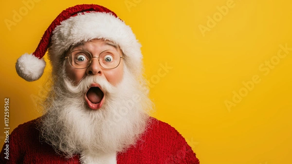Fototapeta Close-up of a surprised Santa Claus against a vintage yellow background, highlighting a whimsical and festive holiday expression.