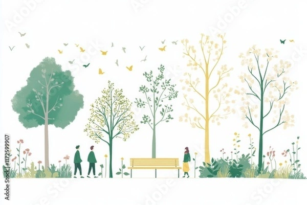 Fototapeta Playful doodle capturing a serene park setting with trees, flowers, and people enjoying nature in springtime freshness. Generative AI