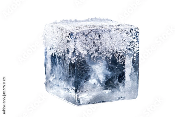 Fototapeta A clear ice cube with a frosty surface, showcasing bubbles trapped within, reflecting light.