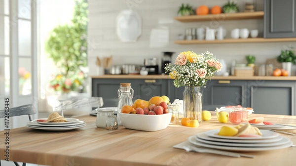 Fototapeta wooden kitchen table displaying modern brunch setup with fresh fruits, flowers, and tableware, creating warm and inviting atmosphere for gatherings