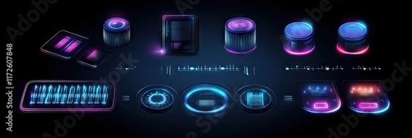 Fototapeta Futuristic digital interface elements with glowing designs for technology applications.