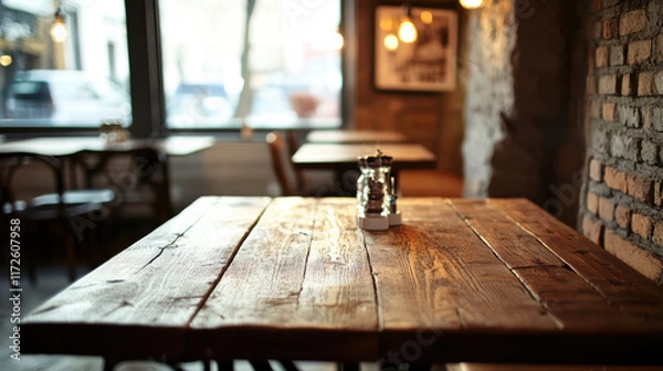 Fototapeta Rustic wooden table in cozy cafe setting, featuring blurred background of warm kitchen ambiance. inviting atmosphere is perfect for gatherings