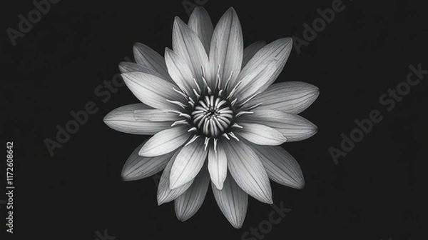 Obraz Monochrome close-up of a single, symmetrical flower against a black background.