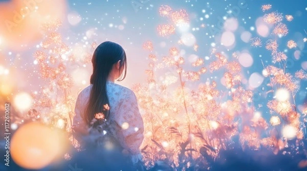 Fototapeta A serene figure amidst glowing flowers in a dreamy landscape.