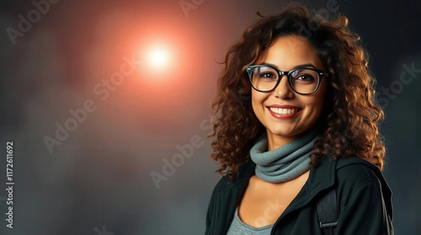 Obraz Studio portrait of a cheerful young woman with curly hair, wearing eyeglasses and a gray scarf, against a blurred background with a warm light
