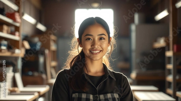 Obraz Portrait of a confident young asian craftswoman smiling in her workshop, illuminated by warm natural light from a window