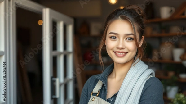 Obraz Portrait of a smiling young asian entrepreneur radiating confidence and warmth while managing her thriving retail store