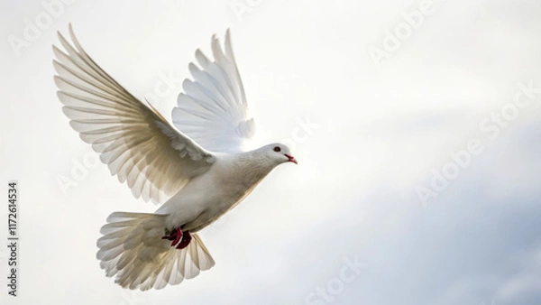 Fototapeta A white dove soars in the sky, symbolizing peace, hope and spiritual freedom.