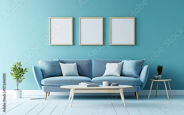 Fototapeta Blue living room interior design, modern sofa, minimalist decor, empty frames, calm background, home design inspiration.