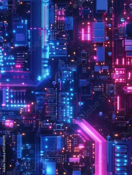 Fototapeta Modern tech background featuring intricate blue and purple circuitry visuals.
