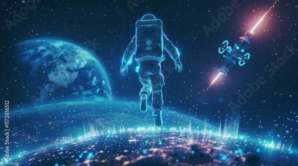 Fototapeta Astronaut Hologram Floating Above Earth with Spacecraft and City Lights