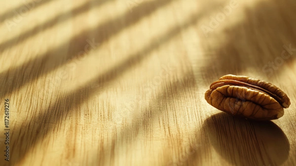 Fototapeta close up of pecan half resting on wooden surface, illuminated by soft shadows, creating warm and inviting atmosphere. natural textures enhance its appeal