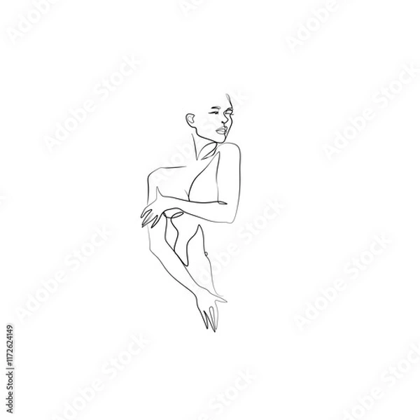 Fototapeta Young woman abstract silhouette, continuous line drawing, small tattoo, print for clothes and logo design, isolated vector illustration.