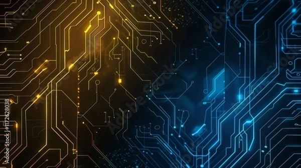 Fototapeta Abstract Circuit Board Background with Gold and Blue Lines