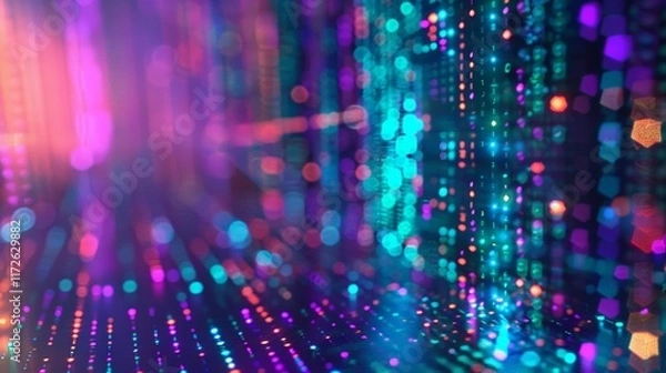 Fototapeta Abstract Digital Data Stream with Colorful Particles and Bokeh