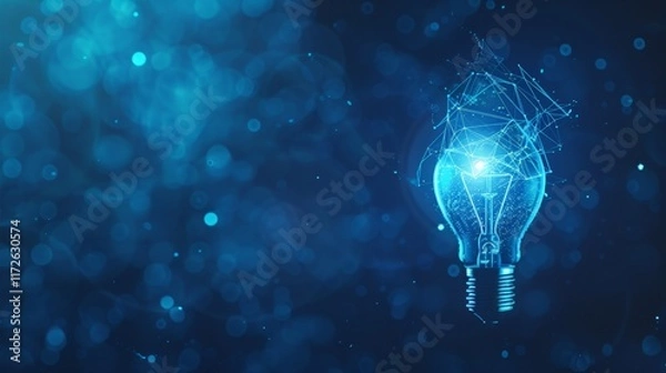 Fototapeta Digital Light Bulb with Network Mesh and Glowing Particles on Blue