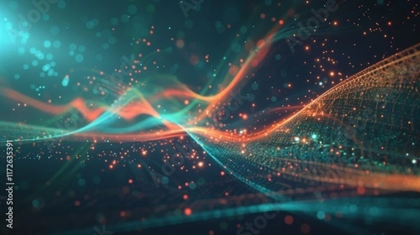Fototapeta Abstract Wavy Lines Background with Glowing Dots and Teal Orange Color