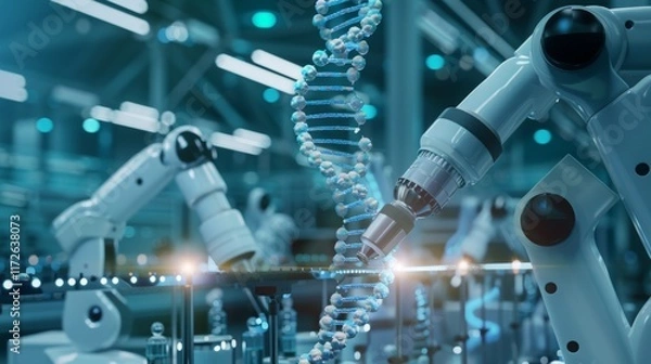 Fototapeta Robotic Arms Assembling DNA Structure in Automated Factory