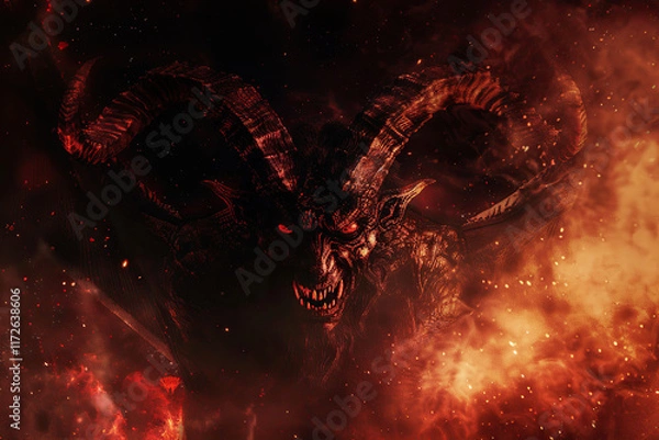 Fototapeta Scary sinister devil is in hell with dramatic bright fire lighting, abstract vivid composition consists of fictional unreal fantastic vision on background