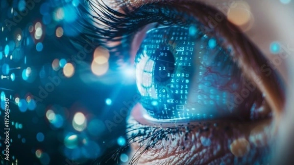 Fototapeta Close Up of Human Eye with Digital Data and Glowing Particles