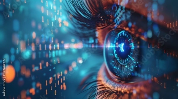 Fototapeta Close-up Human Eye with Digital Binary Code Overlay and Futuristic Glow