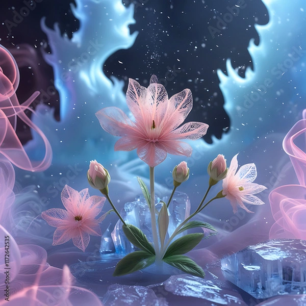 Fototapeta beautiful soft kamboja flower on icy background, created by geneative ai