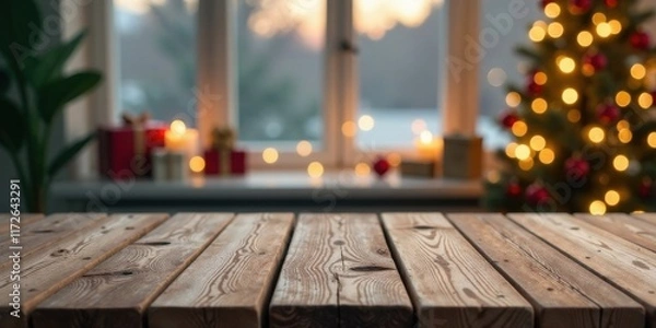 Fototapeta Rustic wooden table in front of a blurred winter holiday scene with a decorated tree and presents