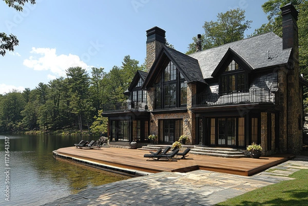 Obraz Lakeside luxury home with deck, forest backdrop, summer relaxation