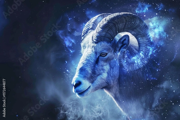 Fototapeta Astrological abstract composition with concept of Aries zodiac sign symbol, abstract vivid composition consists of fictional unreal fantastic vision on background