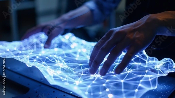 Fototapeta Hands Touching Holographic Digital Map Interface