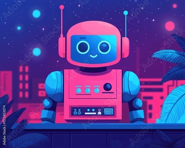 Fototapeta Voice Commerce A vibrant, cartoon-style robot stands against a colorful night skyline, featuring bright colors and playful design elements.