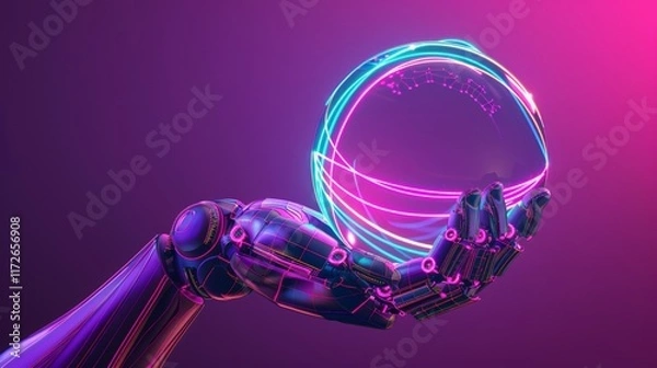 Fototapeta Robot Hand Holding Glowing Orb with Neon Lines
