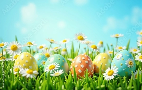 Fototapeta Colorful easter eggs hiding in green grass with daisies and blue sky